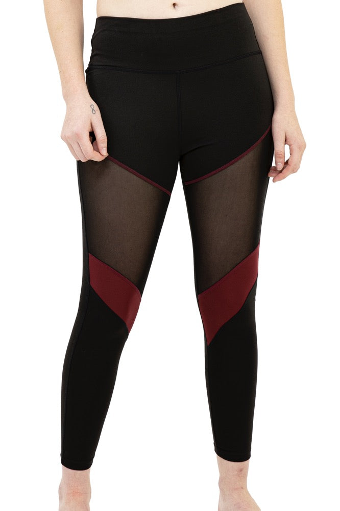 High Waist Front Mesh Leggins- Burgundy